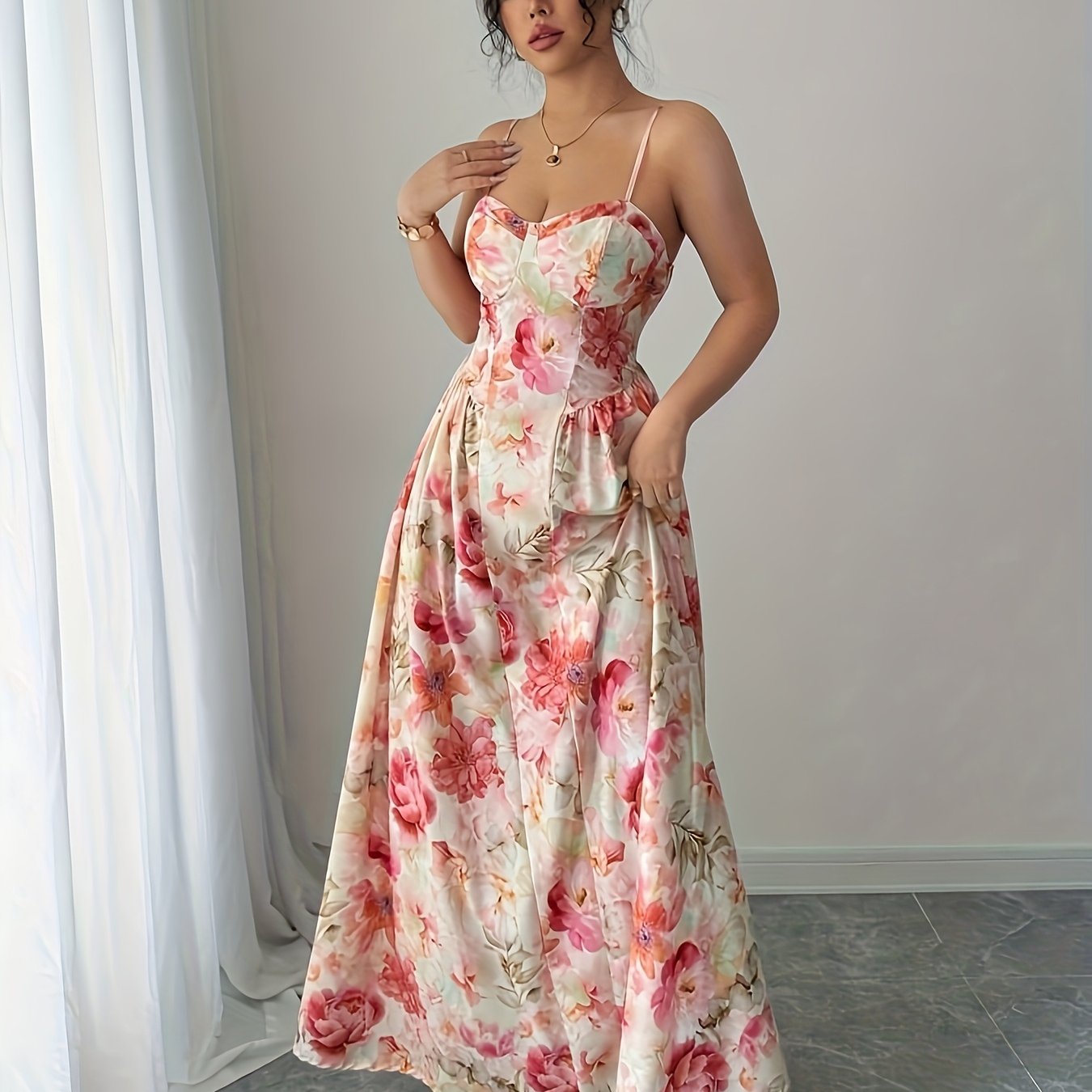 Print French-Inspired Off-Shoulder Maxi Dress with Ruffled Hem - Sleeveless, Cinched Waist, Flowy Design for Women - Perfect for Spring/Summer/Fall - Pink Floral Print on White, Cute Dress