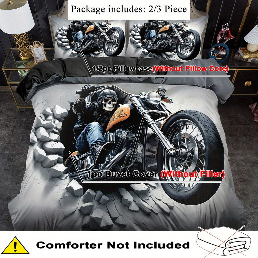 2/ 3pcs Quilt Cover Set, Motorcycle Skeleton Print Duvet Cover Set, King Queen Style Bedding Set, Polyester Machine Washable, Quilt Decoration, Bedroom Guest Room, Birthday Gift (Includes 1 Duvet Cover + 1 or 2 Pillowcases, N