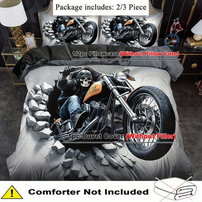 2/ 3pcs Quilt Cover Set, Motorcycle Skeleton Print Duvet Cover Set, King Queen Style Bedding Set, Polyester Machine Washable, Quilt Decoration, Bedroom Guest Room, Birthday Gift (Includes 1 Duvet Cover + 1 or 2 Pillowcases, N