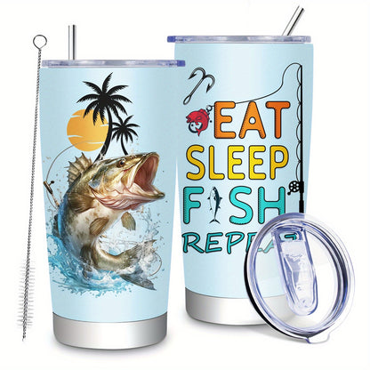 1pc 20oz Stainless Steel Insulated Fishing Tumbler with Cleaning Brush - Double-Wall Vacuum Insulation, Leakproof & -Slip Grip, BPA-Free Travel Mug with Fish Design & "Eat Sleep Fish Repeat" Slogan, Spill-Resistant Lid for Ho