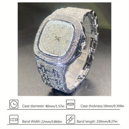 Latest Chilled Men'S Watch With Street Style Water Drill Hip-hop Square Watch For Women With Luminous Scale For Couples, Jewelry Accessories.