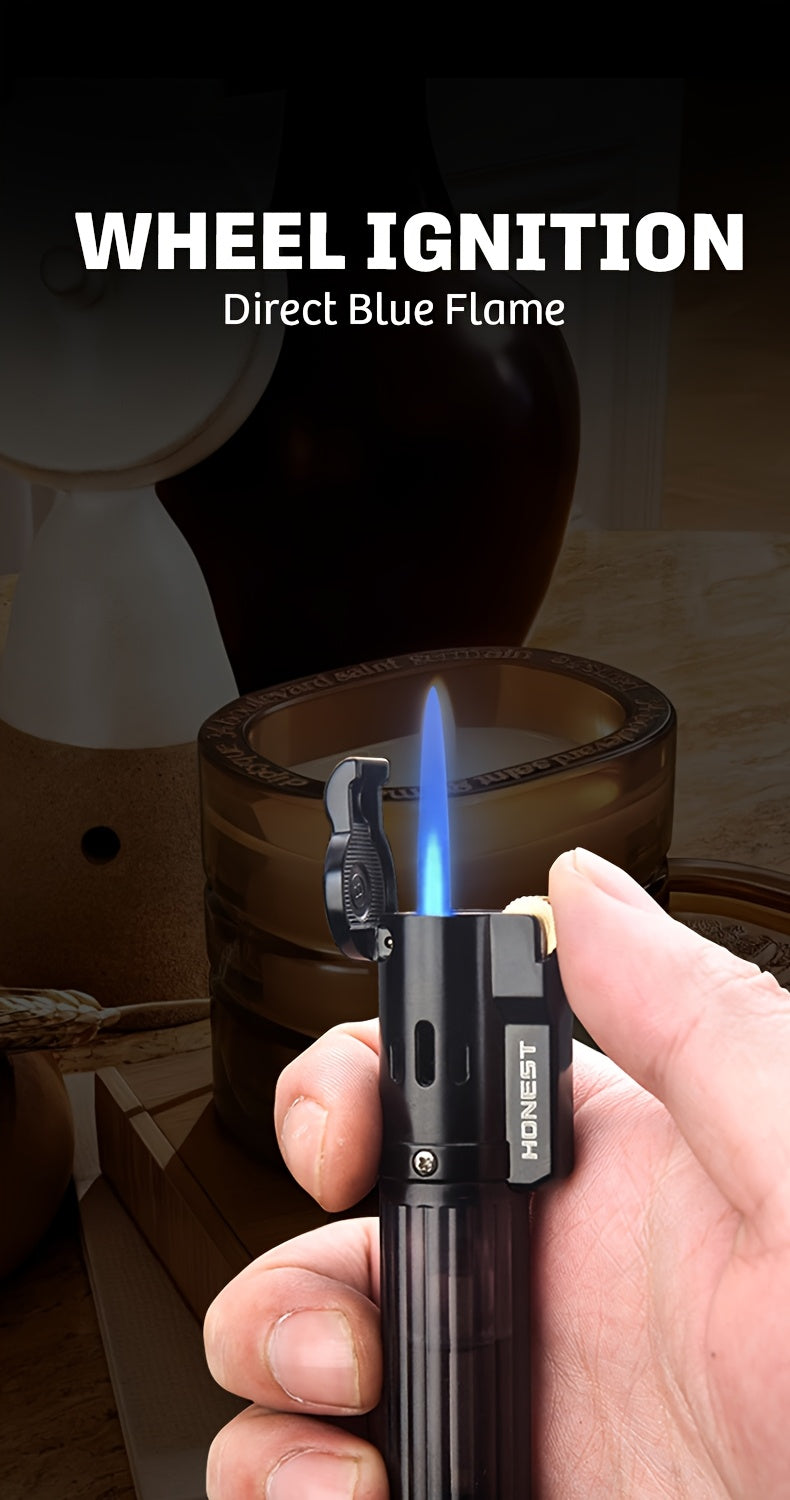 Windproof Straight Flame Lighter Without Butane, Featuring a Sand Wheel, a Visible Gas Window, And an Inflatable Design. This Mini Lighter Is Portable And Perfect for Use in The Kitchen, Fireplace, Or As Gifts for Occasions L