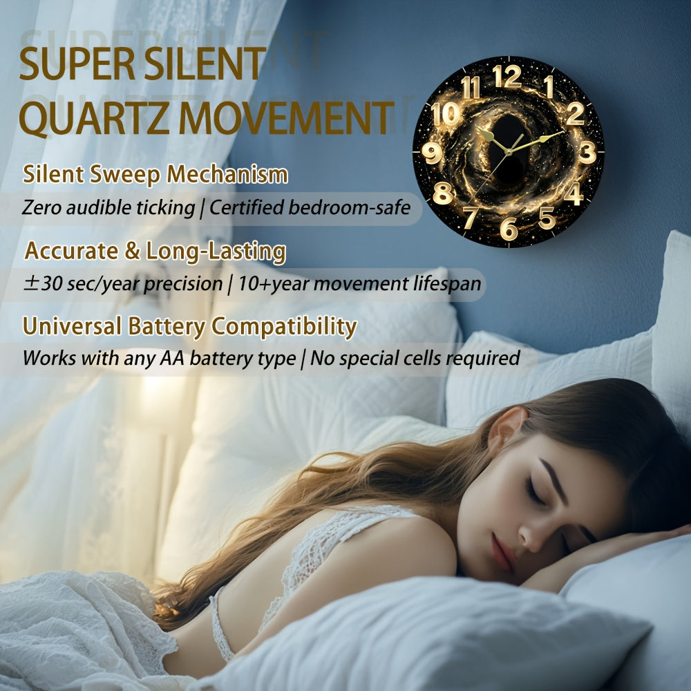 Glass Deep Sparkling Golden Vast Universe Wall Clock, Dark Tempered Glass Face with Film Coating for Living Room, Bedroom, Kitchen & Office Decor - Unique Aesthetic Home Artwork, Ideal Birthday Gift and Modern Housewarming Pr