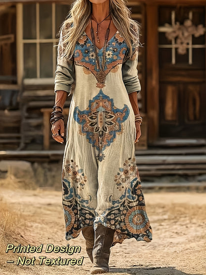 Women's Vintage Paisley Print A-Line Maxi Dress - Scottish Tartan Dress with Paeisle Pattern, All-Season Machine Washable Wedding Guest Gown, Casual & Formal Wear