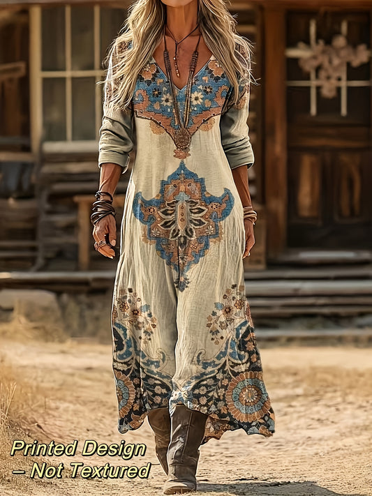 Women's Vintage Paisley Print A-Line Maxi Dress - Scottish Tartan Dress with Paeisle Pattern, All-Season Machine Washable Wedding Guest Gown, Casual & Formal Wear