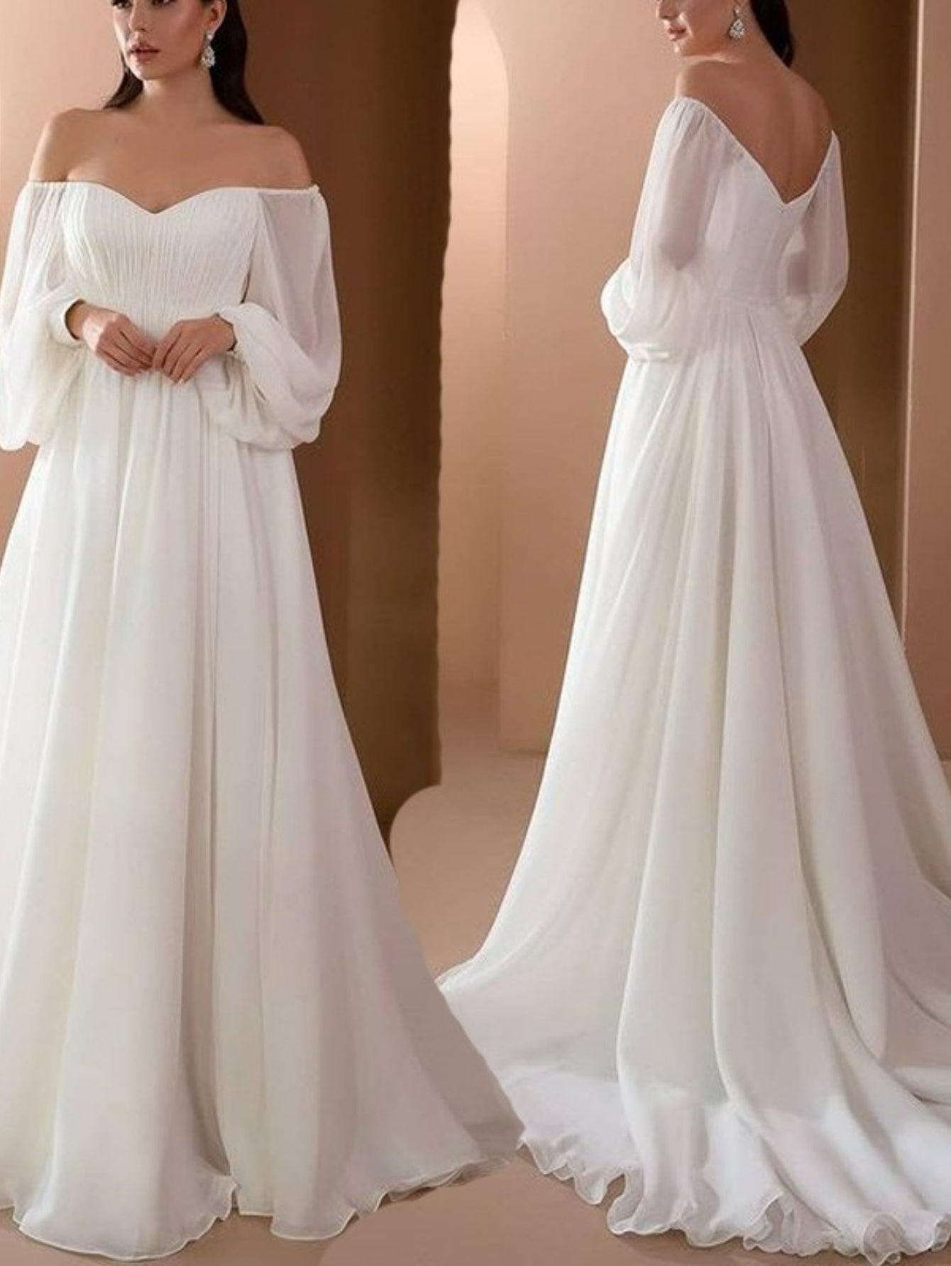 Women'S Elegant Vintage-Inspired One-Shoulder/Off-Shoulder Wedding & Party Dress - Long Sleeve A-Line Chiffon Gown with Puff Sleeve & Train Hem, Solid Formal Evening Gown for Spring Summer Fall, Loose Fit A-Line Silhouette, L