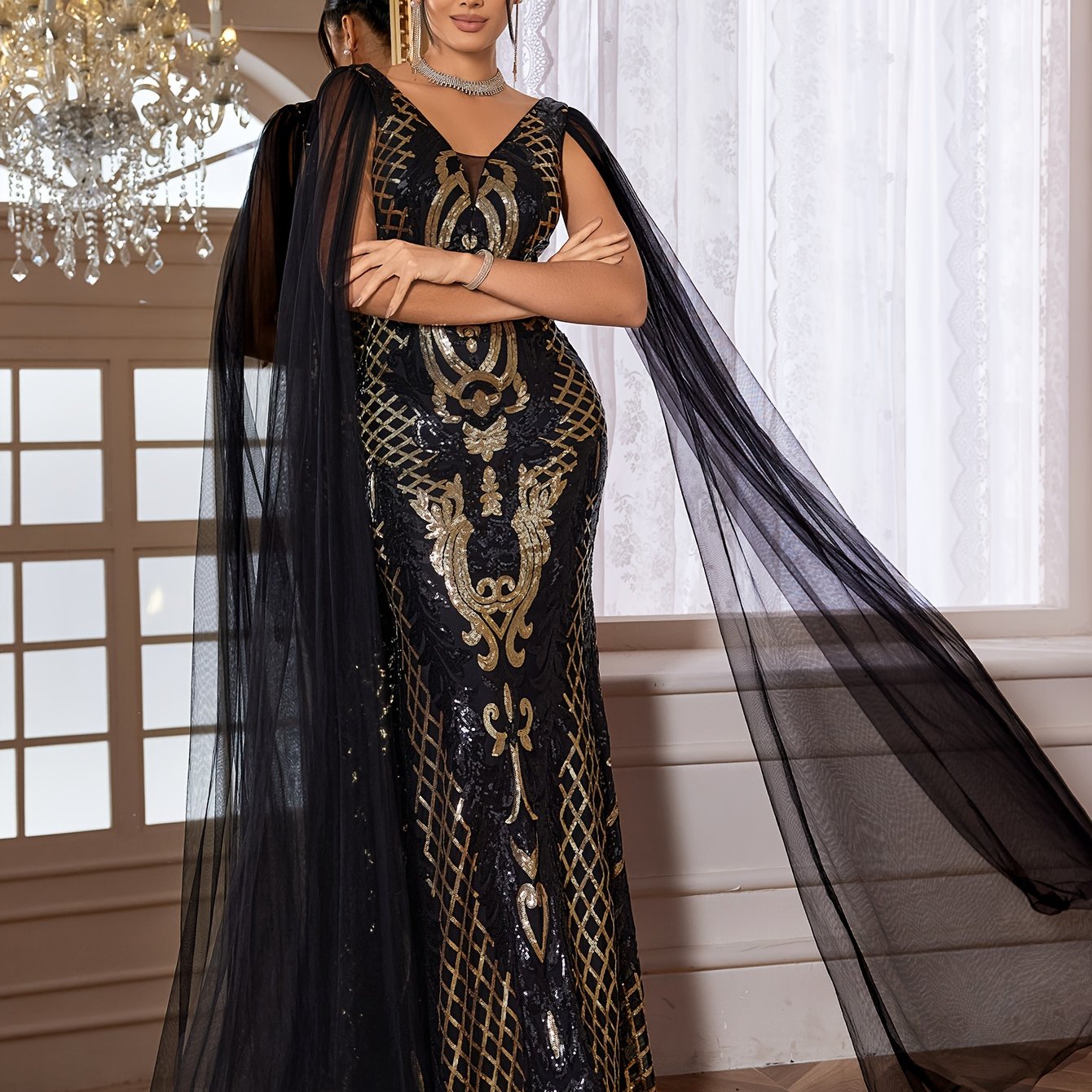 Fitted Dress - Sequin - V-Neck