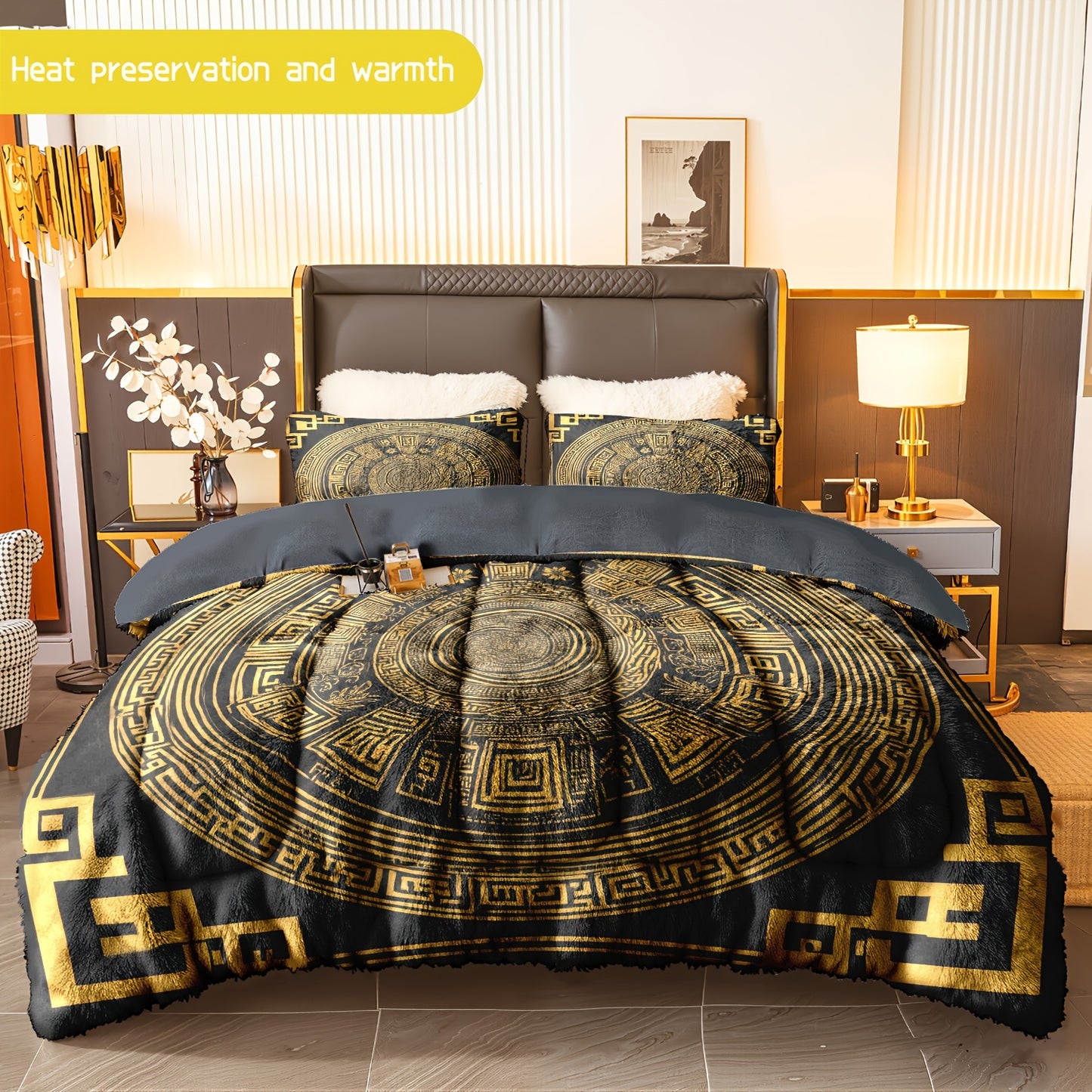 3pcs (1 comforter + 2 pillowcases) Golden Pattern Flannel & Milk Velvet Comforter Set, Soft Warm Bedding Set for Adults, Cozy Milk Velvet Quilt Set, Trendy Bedding Essentials, Bedroom Essentials, Modern Quilt Set, Stylish Bed