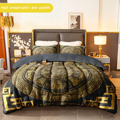 3pcs (1 comforter + 2 pillowcases) Golden Pattern Flannel & Milk Velvet Comforter Set, Soft Warm Bedding Set for Adults, Cozy Milk Velvet Quilt Set, Trendy Bedding Essentials, Bedroom Essentials, Modern Quilt Set, Stylish Bed