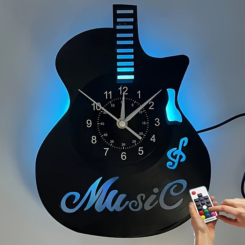 Handmade Guitar-Shaped Vinyl Record LED Wall Clock - Unique Musical Theme, Irregular Shape, Flat Crown, Digital Display, Battery Operated (AA Not Included) - Ideal for Living Room, Bedroom, Office, Music Room Decor - Perfect