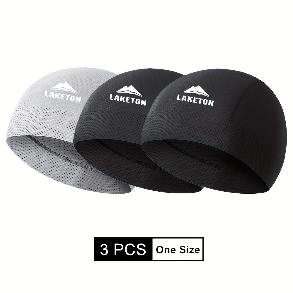 3pcs Men'S Lightweight, Breathable Running Caps - High Elastic, Quick-Dry, Moisture-Wicking for Outdoor Sports & Cycling, Black with White Logo, Sports Headgear | Modern Knit Cap | Stretchable Fabric