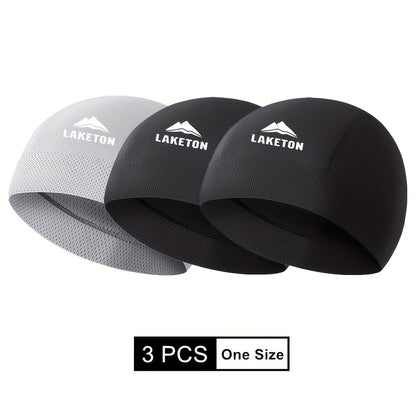 3pcs Men'S Lightweight, Breathable Running Caps - High Elastic, Quick-Dry, Moisture-Wicking for Outdoor Sports & Cycling, Black with White Logo, Sports Headgear | Modern Knit Cap | Stretchable Fabric