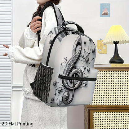 1pc Trendy Music Notes Printed Backpack - Durable 2D Flat Design with Studded Detail, Black & White, Perfect for School, Work, and Outdoor Activities, Backpack for School