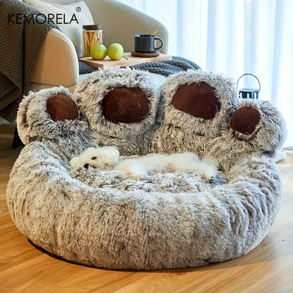 Bear Paw-Shaped Plush Pet Bed with Non-Slip Bottom - KEMORELA - Soft Polyester & Polyester Fiber Fill - Cozy Warm Cat & Dog Bed for Small Pets - Cute Animal-Themed Home Decor - Playful Design