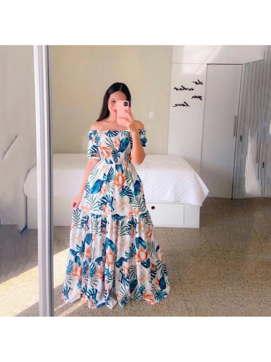 2023 New Spring Summer European and American Women's Fashion Off-Shoulder Floral Print Long Dress