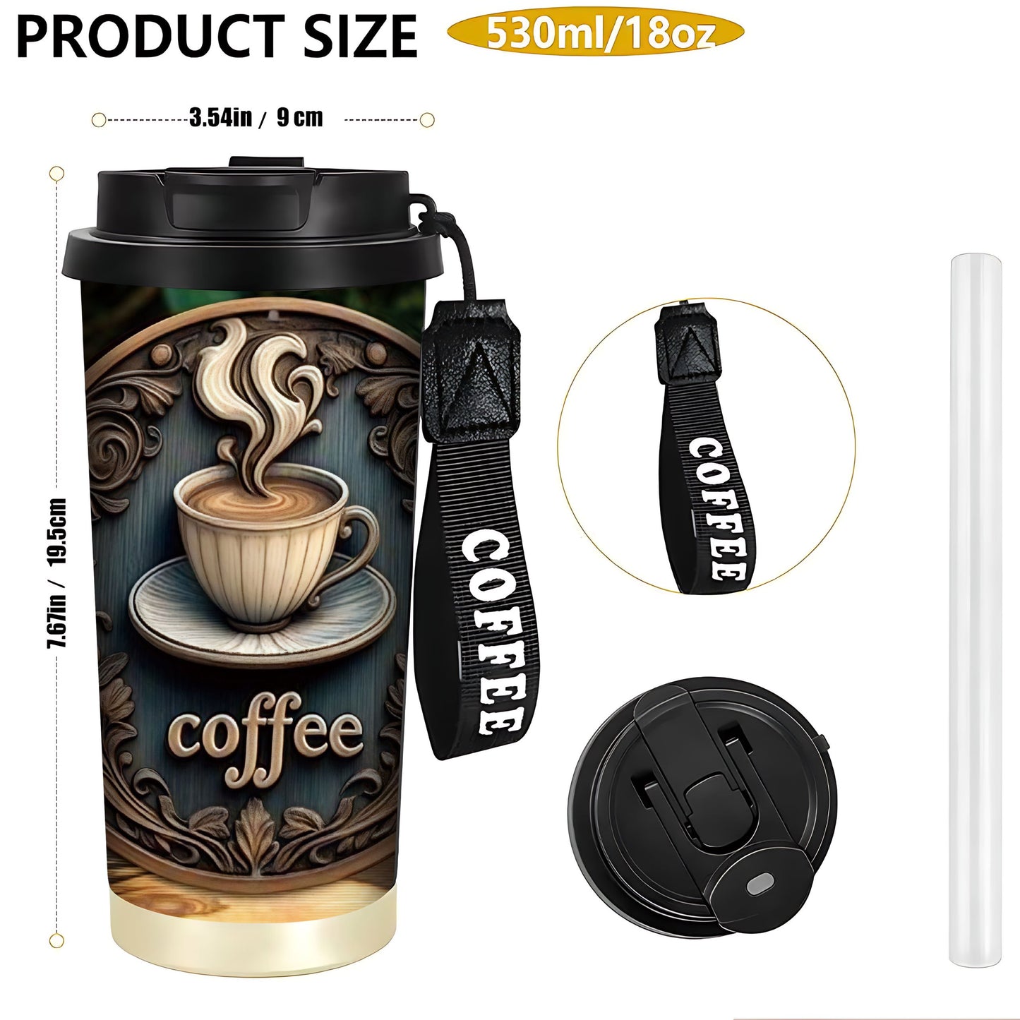 1pc 18oz Stainless Steel Insulated Travel Mug. This Is a 2D Print Retro Coffee Cup Pattern Design. Comes with Hand Strap. Comes with a Straw. Keeps Hot and Cold. Coffee Cup. Car Cup. Birthday Gift. Christmas Gift. Halloween G