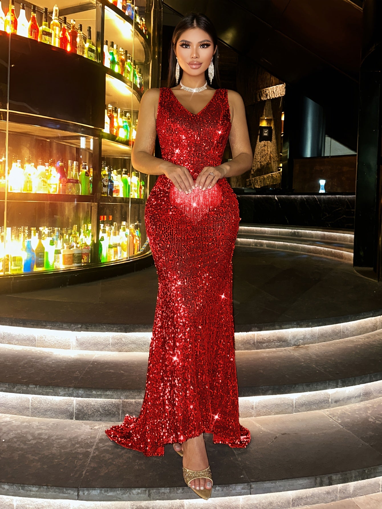 New Sequin Women's Long Dress, Gorgeous Elegant Evening Party Formal Wear Slim High-Waisted Off Shoulder Backless Bridal Wedding Guest Outfit for Travel Music Festival Banquet