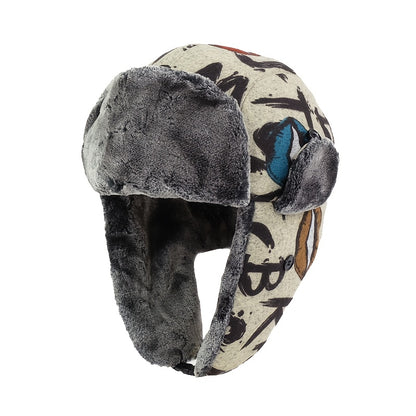 Unisex Winter Warm Beanie with Graffiti Lettering & Fur Ears - Enhanced Cold Protection, Ice-Safe for Cycling, iceskating, icy activities – Grey/Black Yellow Streetwear Style Easy to Maintain Hand wash / Dry Clean Unisex Au