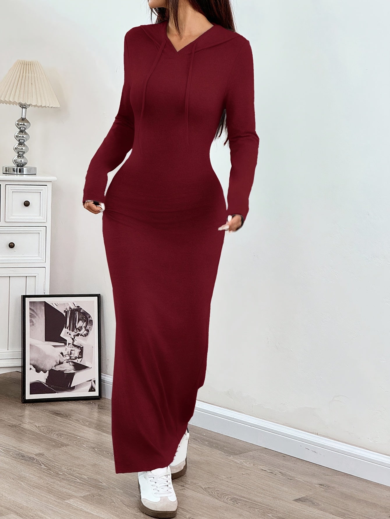 Spring and Autumn New Hooded Long Cross Knee Casual Fashion Dress | Solid Color, Long Sleeve, Bodycon Fit, Slit Hem