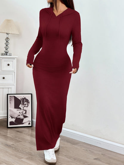 Spring and Autumn New Hooded Long Cross Knee Casual Fashion Dress | Solid Color, Long Sleeve, Bodycon Fit, Slit Hem