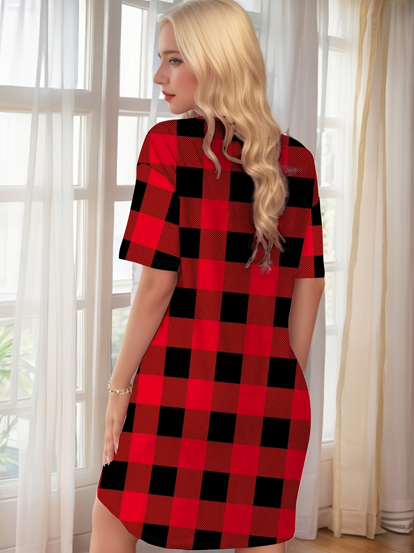 Red & Black Elegant Bohemian Plaid Dress with Snowman & Snowflake Print Women's All-Season Casual Sleepwear, Round Neck Short Sleeve A-Line Dress with Pockets, Comfortable Home Wear For Christmas, Halloween, Valentine'S Day -