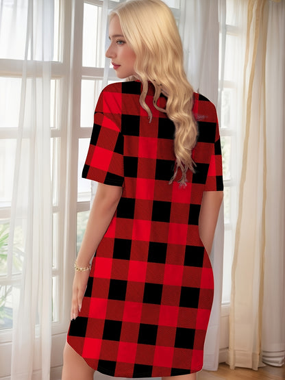 Red & Black Elegant Bohemian Plaid Dress with Snowman & Snowflake Print Women's All-Season Casual Sleepwear, Round Neck Short Sleeve A-Line Dress with Pockets, Comfortable Home Wear For Christmas, Halloween, Valentine'S Day -