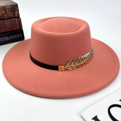 1pc Women'S Retro Wide-Brimmed Fedora Hat with Metal Crescent & Black Leather-like Band - Vibrant Orange/Red/Green/Black/Navy Blue/Purple/White - Elegant Non-Stretch Design for Autumn Winter, Music Festivals, Christmas & Dail