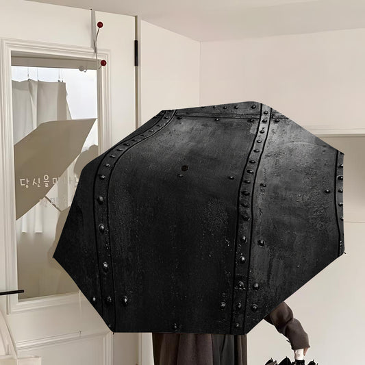 Open/Close Heavy-Duty Industrial Metal Umbrella - 8-Rib Windproof Black & Plastic Canopy, Folding Compact Umbrella for Men &, /Gothic Style  Gear, Durable Outdoor Accessory, 2D Flat