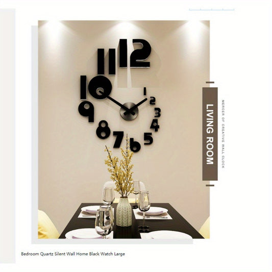 Modern Minimalist 3D Acrylic Mirror Wall Clock - DIY Large Art Deco, No Drilling Required For Installation, AA Battery Powered, Black Hands And Numbers, Silent Timer For Living Room Or Office, Living Room Decor | Decorative W