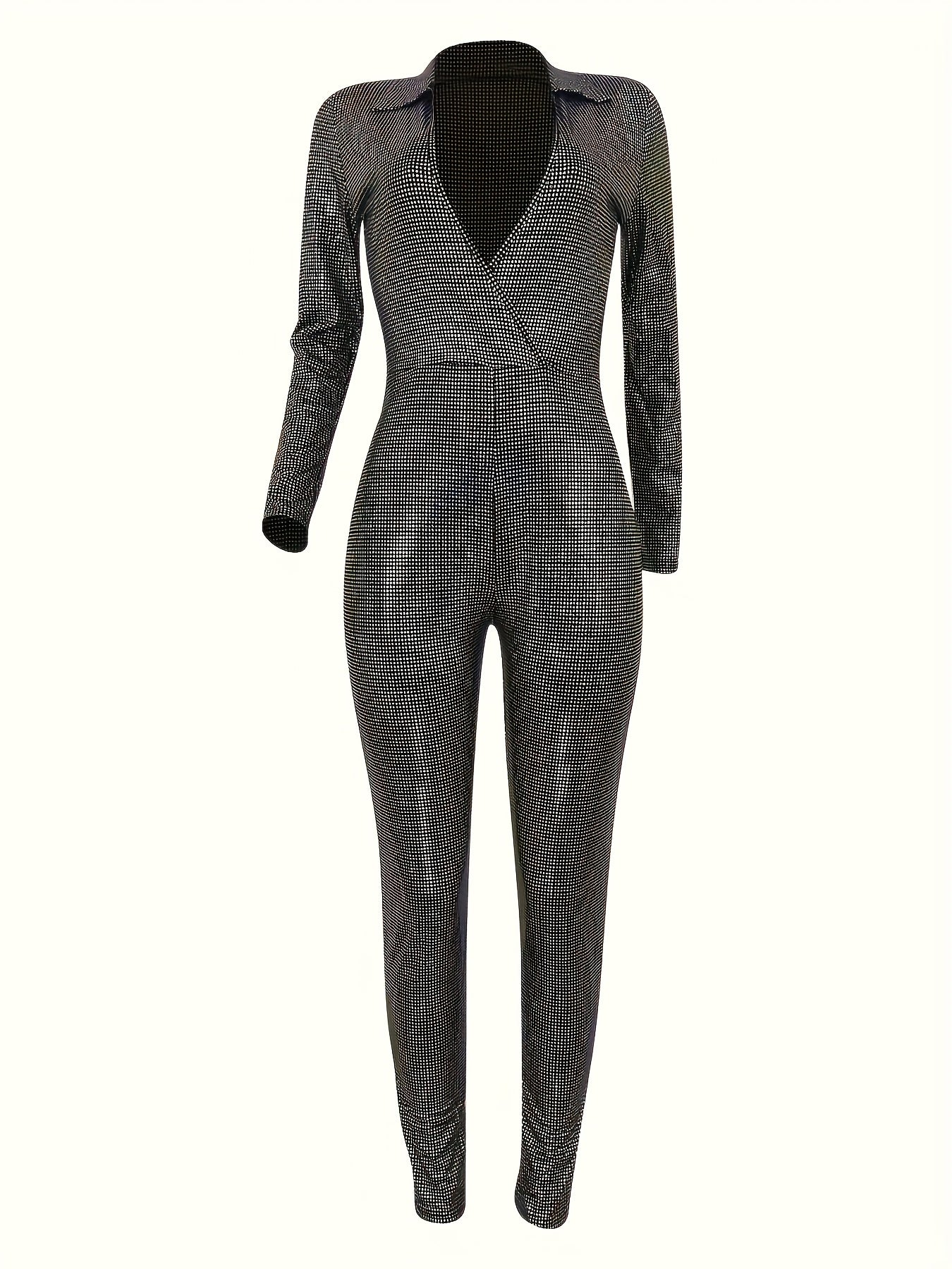 European And American Women'S Metallic Texture Light Mature Deep V-neck Long Sleeved Tight Jumpsuit