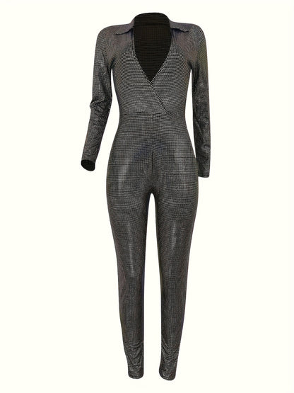 European And American Women'S Metallic Texture Light Mature Deep V-neck Long Sleeved Tight Jumpsuit
