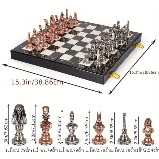 Luxury Edition Egyptian Themed Chess Set - 15-Inch Marbled Travel-Foldable Chess Board with Weighted Metal Pieces, Collectible Vintage Game for Adults and Families -  For Chess Enthusiasts & Collectors - Perfect Gift for Game