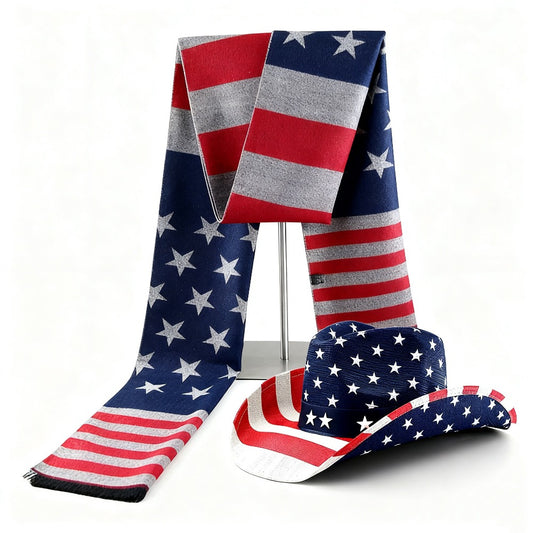 2pcs Set USA Flag Western Cowboy Style Outdoor Hat and Scarf | Trendy Accessories for Personal Expression, Fiber, Brand NEULRY.