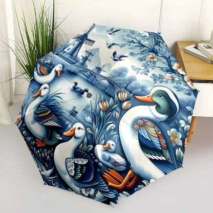 Automatic Open/Close Umbrella with 8-Rib Windmill & Duck Design - Heavy-Duty Plastic Handle, Compact Folding Umbrella with Auto-Open Mechanism, Portable Sunshade For Halloween, Christmas Gifts, Travel, Everyday Use - Durable