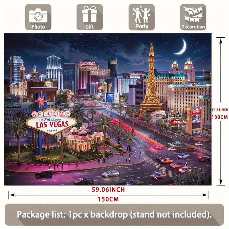 1pc Las Vegas Night Scene Polyester Banner - Vibrant Cityscape with Eiffel Tower, Lights, and "Welcome to Fabulous Las Vegas" Sign - Ideal for Home, Room, or Party Decor, Party Backdrop | Urban Night Theme | Durable Decor Mat