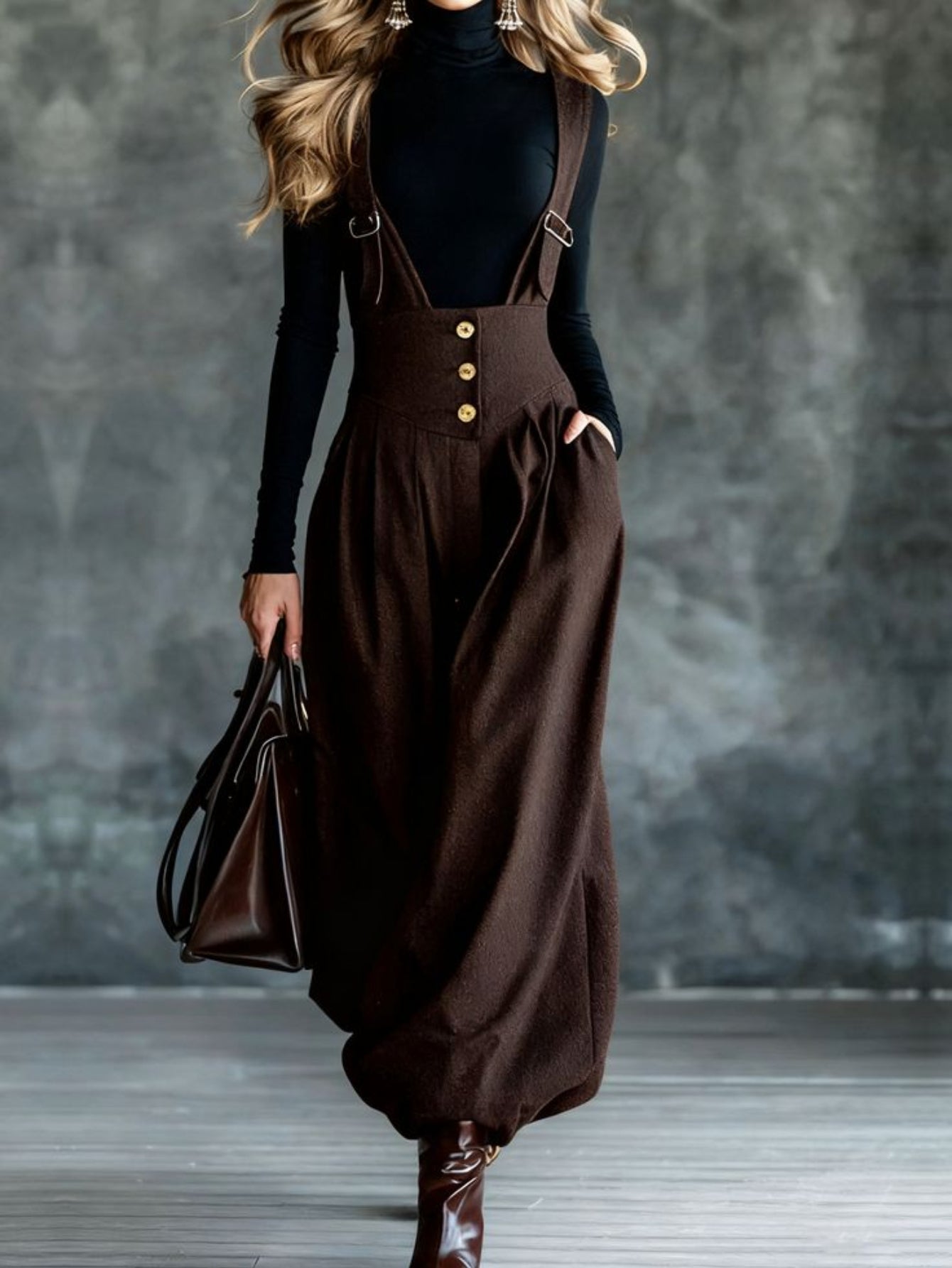 Brown Suspender Wide-Leg Pants for Women | Vintage-inspired, elegant, and sophisticated style. Perfect for commuting, dates, and autumn/winter occasions.