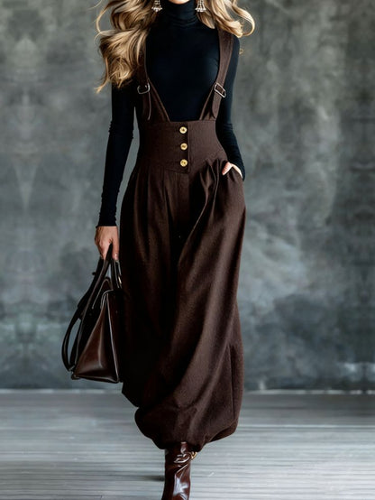 Brown Suspender Wide-Leg Pants for Women | Vintage-inspired, elegant, and sophisticated style. Perfect for commuting, dates, and autumn/winter occasions.