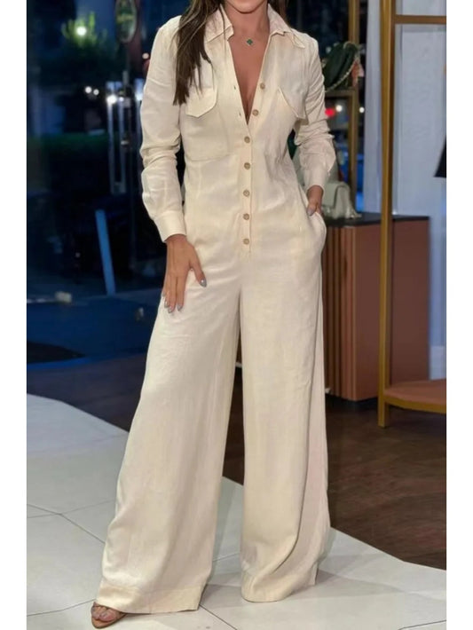 Khaki Collared Wide-Leg Jumpsuit for Women | Vintage Elegance Style, Suitable for Light Business Settings and Everyday Streetwear, Button Details, Solid Color, Lapel Collar