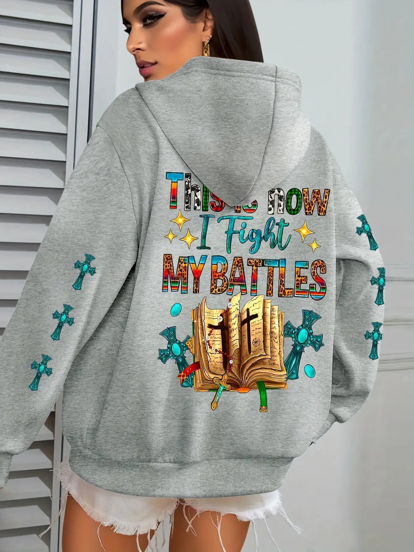 Women's Christian Bible Verse Hooded Sweatshirt "This Is How I Fight My Battles" with Cross & Prayer Hands Print - Winter Warm Hoodie, Long Sleeve Religious Apparel for Church, Prayer Meeting & Christmas (Gray) - Casual Faith