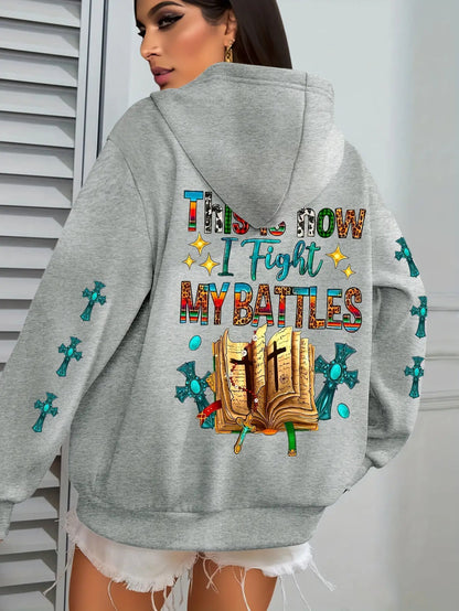 Women's Christian Bible Verse Hooded Sweatshirt "This Is How I Fight My Battles" with Cross & Prayer Hands Print - Winter Warm Hoodie, Long Sleeve Religious Apparel for Church, Prayer Meeting & Christmas (Gray) - Casual Faith