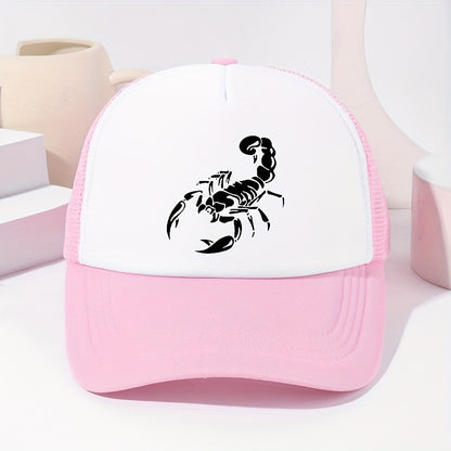 Unisex Scorpion Print Baseball Cap - Breathable Mesh Trucker Hat with Adjustable Fit for Outdoor Sports, Fishing & Casual Wear, Black with White Scorpion Design, Spring/Summer Collection, Spring Summer Cap | Stylish Headgear