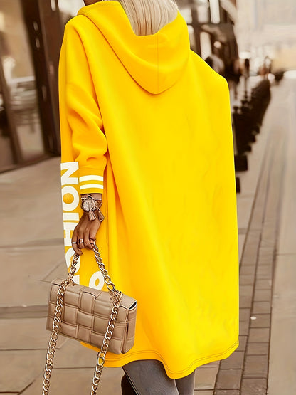 Hooded Fashion Casual Jacket - Women's Autumn And Winter Letter Print - Black Mid-Length Zip-Up Cardigan - Loose And Relaxed Style - Eye-Catching Letter Decoration - Perfect for Everyday Commuting Outings