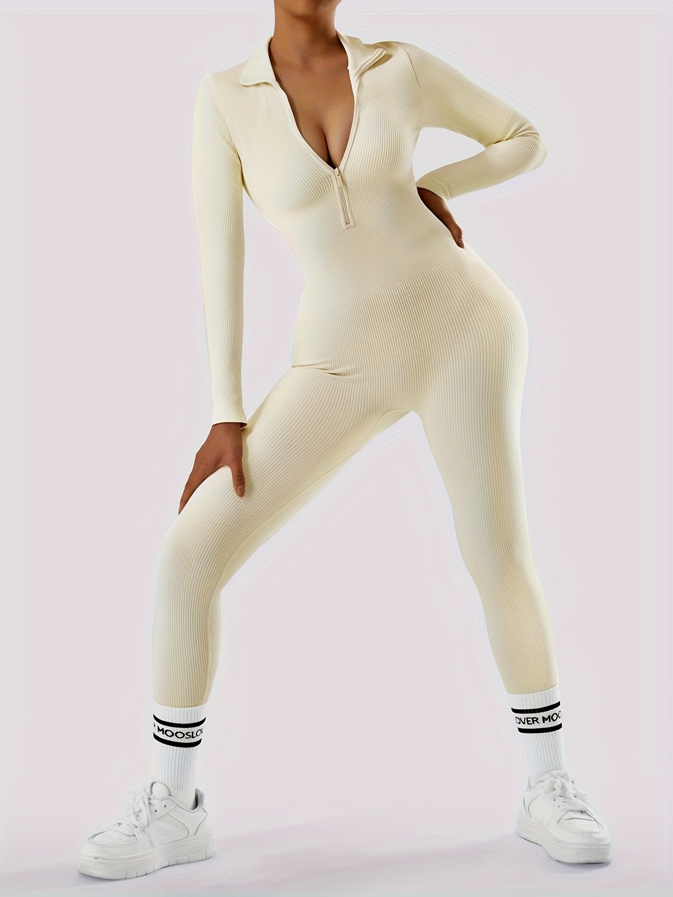 OMKAGI Women's Jumpsuit - Long Sleeve Front Zipper Onesie, Slim Fit Ribbed Tights, Warm Winter Pants, Machine Washable Solid Color Outfit, Elastic Breathable Jumpsuits for Fall/Winter (Casual & Dressy)