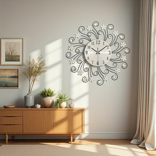 1pc Silent Luxury Wall Clock with Floral Design - Golden Metal Frame, Black Hands, Ideal for Living Room, Bedroom, Study, Entrance & Dining Room Decor - Perfect Mother'S Day or Housewarming Gift, Clock Wall Decor