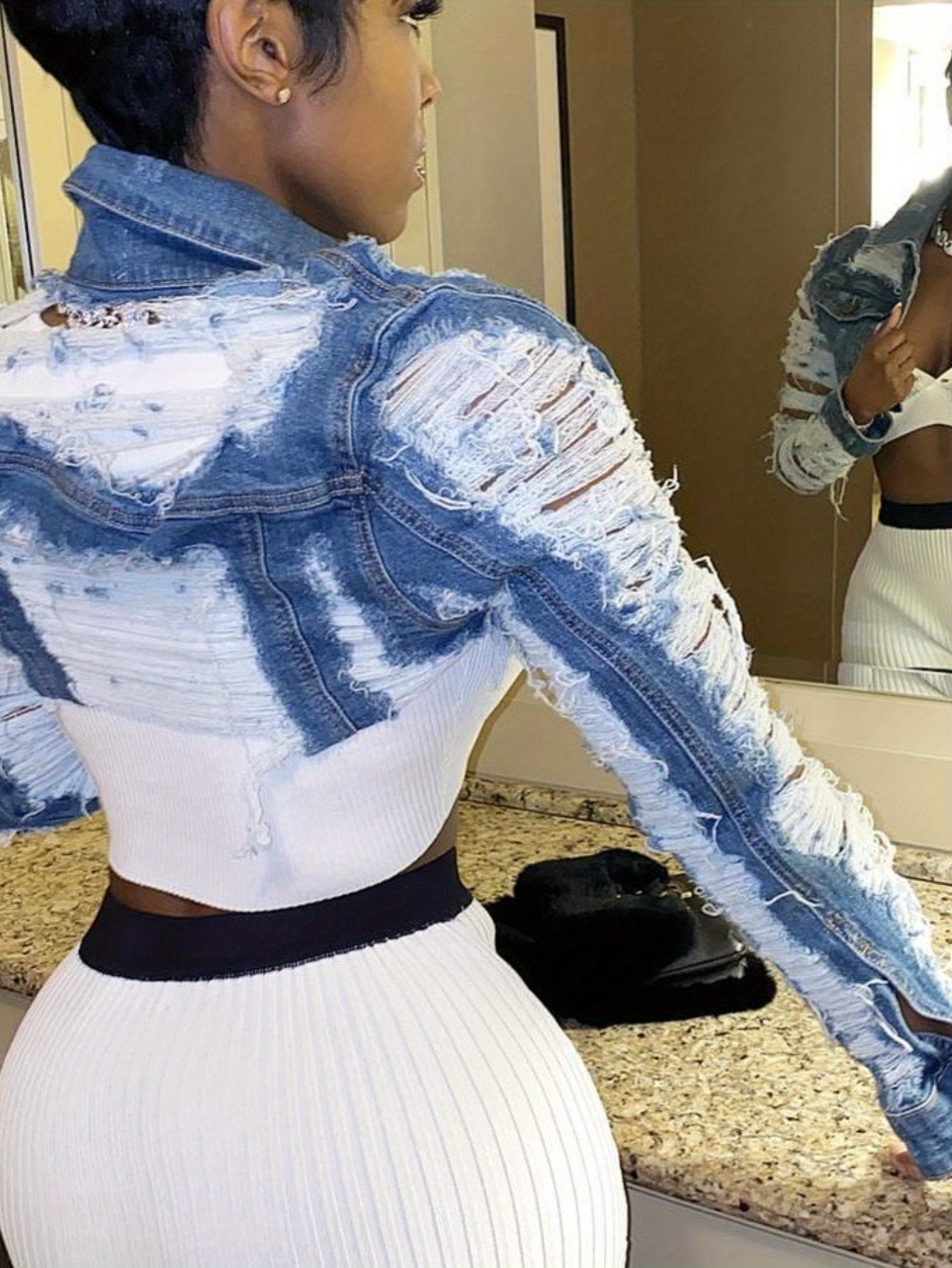 Cut Mini Sexy Cardigan Long Sleeve Denim Short Jacket