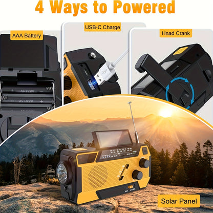 Portable Emergency Radio AM/FM/NOAA Weather Radio, 7400mWh Lithium Battery With Power Bank, Hand Crank And Solar Charging, SOS Alarm, Flashlight For Emergency