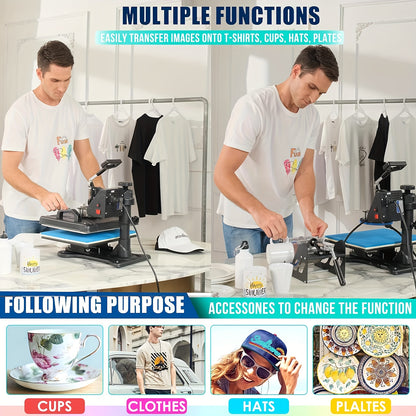 8-in-1 Heat Press Machine with Digital Display - 360° Swing Away, 12x15 Inch, Aluminum Alloy, 110-130V, US Plug, Ideal for T-Shirts, Mugs, Caps - Multifunctional Heat Transfer Combo, Heat Transfer Machine | Digital Display P