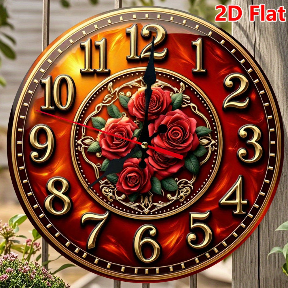 10 Inch Golden Rose Medallion Silent Wall Clock - Golden & Burgundy Roman Numeral Round Clock with Red Hands, Large Black Center, Battery Operated Wood Frame - Easy-Read Seconds Display for, Office, Cafe, Bedroom - Elegant Ti