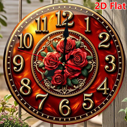 10 Inch Golden Rose Medallion Silent Wall Clock - Golden & Burgundy Roman Numeral Round Clock with Red Hands, Large Black Center, Battery Operated Wood Frame - Easy-Read Seconds Display for, Office, Cafe, Bedroom - Elegant Ti