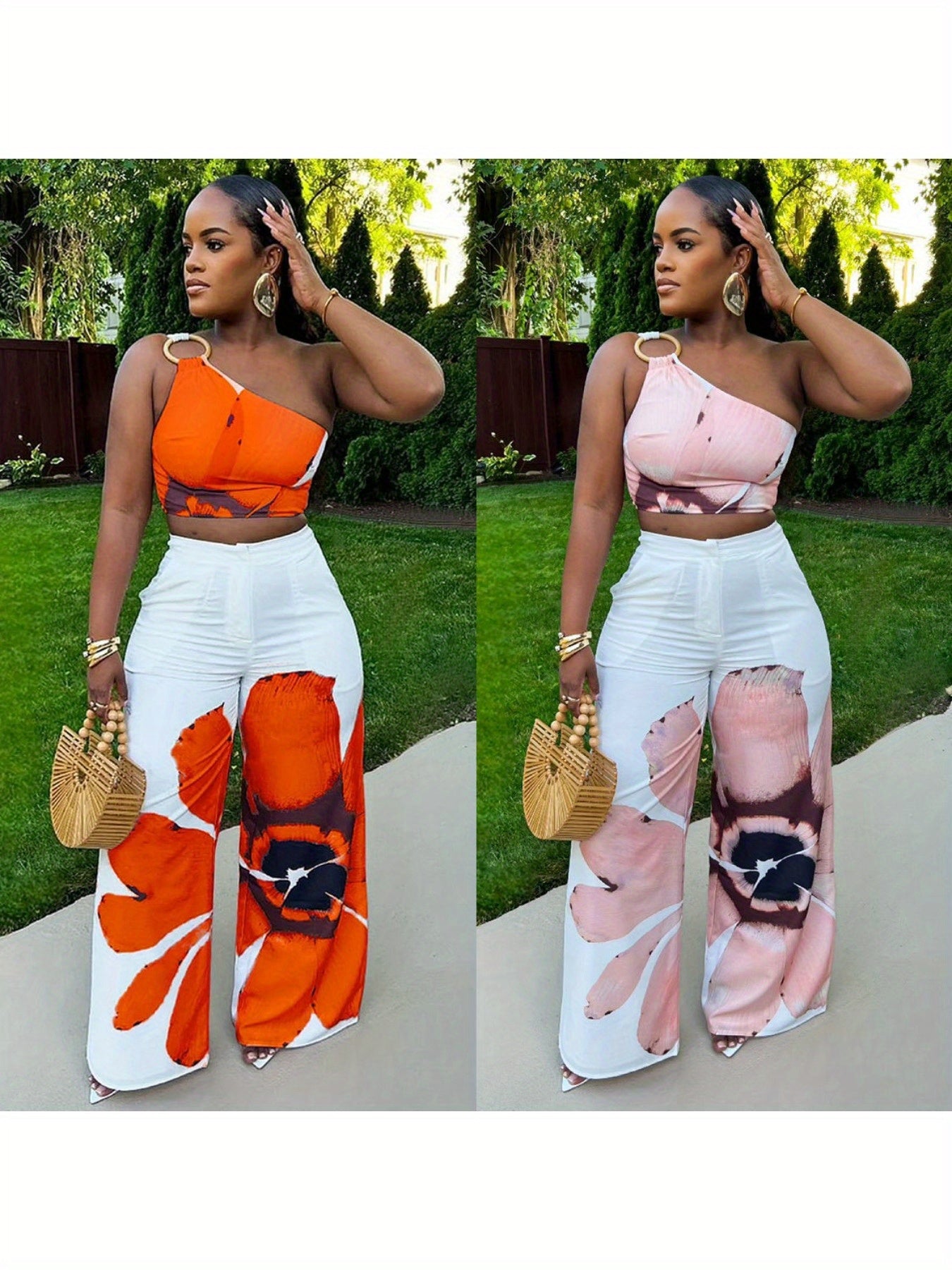D9738 Women'S Y2K Fashion Floral Print One-Shoulder Slim Fit Wide-Leg Pants Two-Piece Set - Sexy Spring/Fall Outfit, Spring Fashion|Sleek Shoulder Design|Polyester Fabric